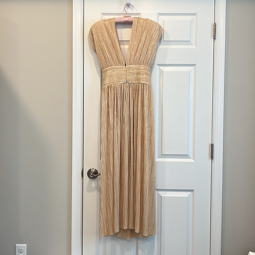 Sabina Musayev Gold Metallic Pleated Maxi Dress
